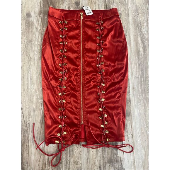 Akira Satin Midi Skirt Zip Up Front Red Women’s Sz Small - Picture 1 of 5